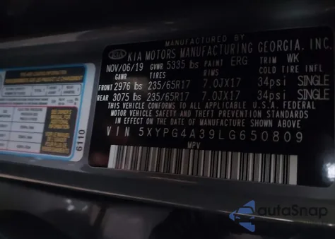 2020 Kia Sorento 2.4L Lx from USA, damaged, VIN 5XYPG4A39LG650809